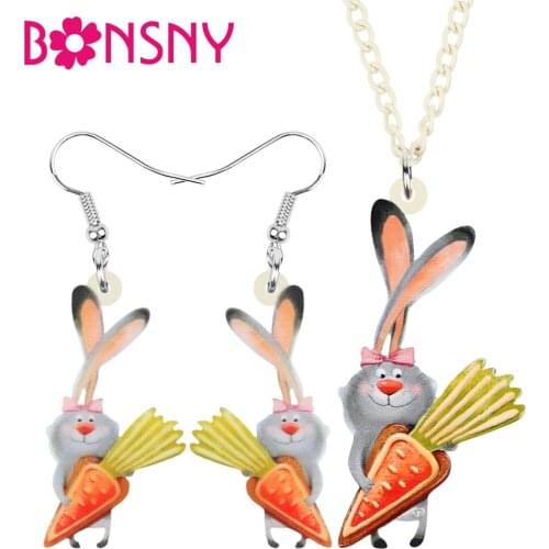 Bonsny Acrylic Cartoon Rabbit Bunny Carrot Jewelry Sets Sweet Animal Earrings Necklace For Women Girl Kid Fashion Gift Accessory