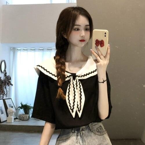 Black Korean T-Shirt Harajuku Funny Sailor Collar Tops Half Sleeve Japan Student Women Clothes Summer Gothic Solid T Shirt Girl