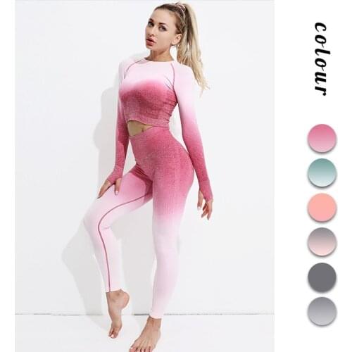 Graudated Tint Gym Seamless Yoga Set Fitness Clothing Workout Clothes Women Gradient Crop Top Sports Bra High Waist