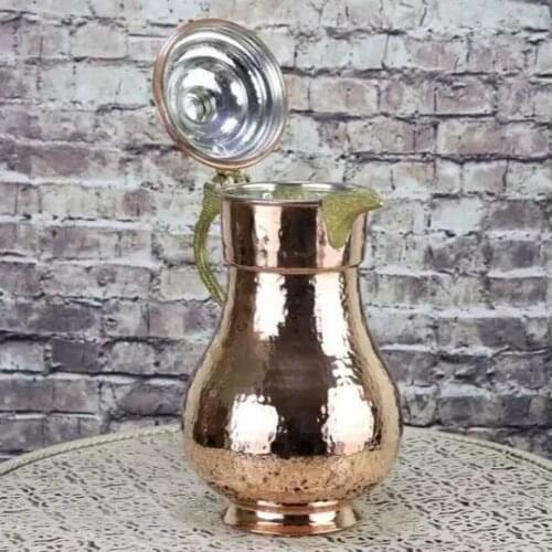 Copper Water Pitcher with Lid Beverage Carafe Elegant Decanter Jug Juice Handmade Vintage Style Ayran Drinkware