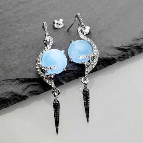 Cute Crystal Bird Wedding Earrings Female Luxury Round Jade Drop Earrings Vintage Silver Color Long Dangle Earrings For Women