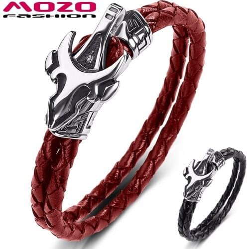 MOZO FASHION 2021 New Men Jewelry Black Genuine Leather Bracelet High Quality Stainless Steel Punk Charm Exaggeration Women 536