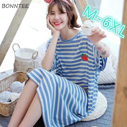 Nightgowns Women Striped Plus Size 6XL Loose Korean Leisure Oversize Womens Homewear Sleepshirts Sleep-wear Breathable Cotton