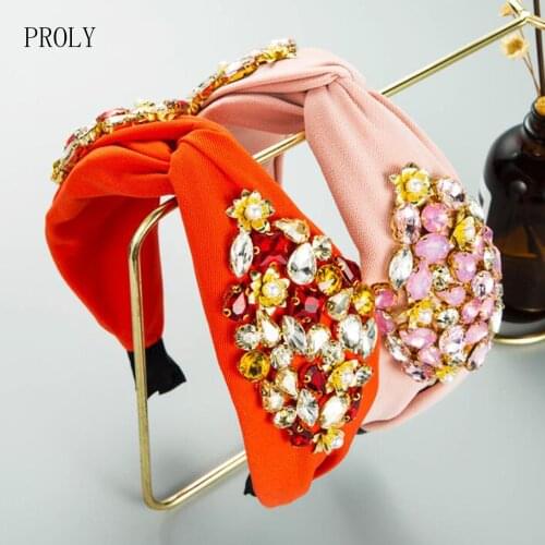 PROLY New Fashion Women Headband Wide Side Baroque Hairband Adult Cross Knot Luxurious Flower Rhinestone Hair Accessories