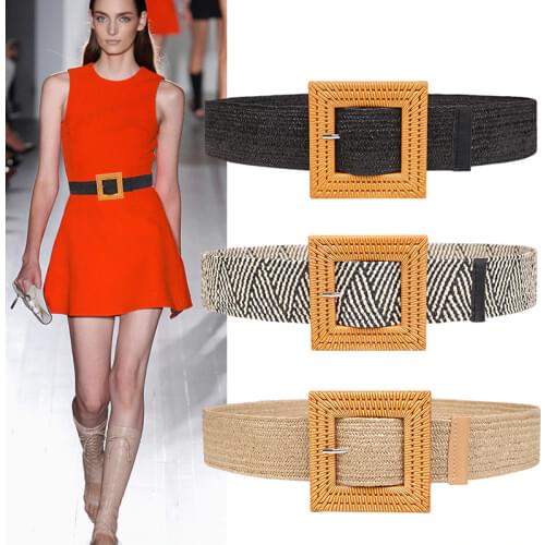 New Belts for women HOT woven elastic waistband fashion dress skirt coat resin big square buckle simple wide knitted strape belt