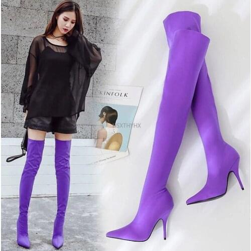 Drop Ship NEW Spring/Autumn Sexy Thigh High Boot Satin Stretch Elastic Over The Knee Sky Slim High Heels Long Booties Shoes