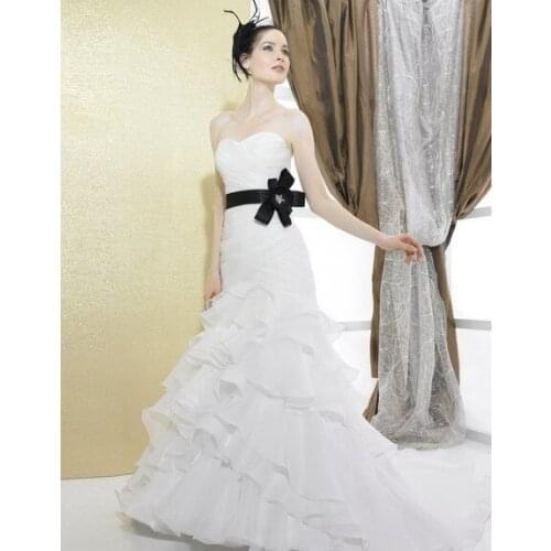Organza/Satin Sweetheart open back lace-up drop waist Chapel train rhinestones beads flower bow wedding dress