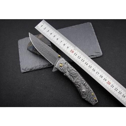 Tactical Folding Blade Utility Knife - Stonewash 3d Wolf Engraved Collection Knife