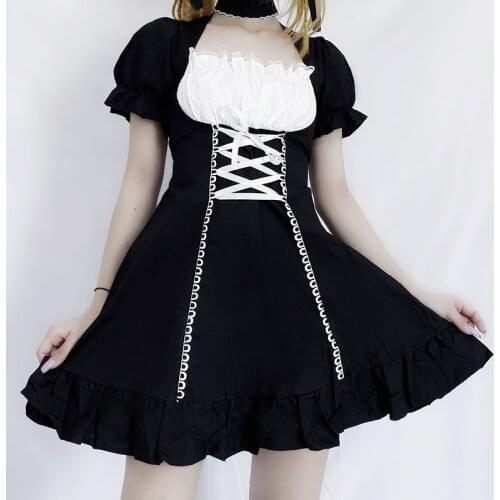 Dark Japanese Gothic Dresses Egirl 2021 Aesthetic Puff Sleeve Square Collar Dress Chic Punk Hip Hop Grunge Emo Y2K