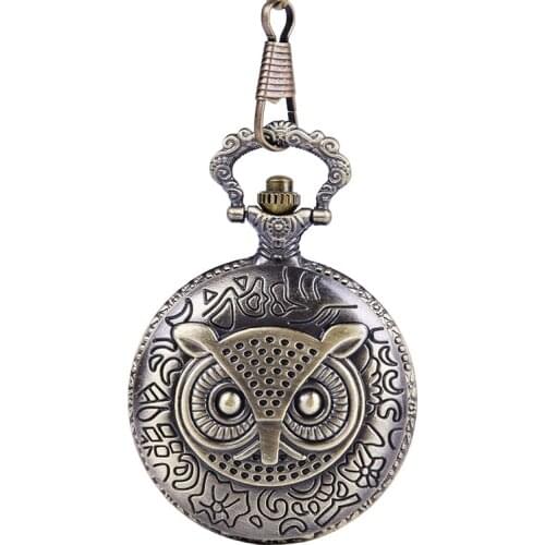Vintage Classic Embossed Vintage Owl Case Quartz Pocket Watch with Necklace Charm Accessories