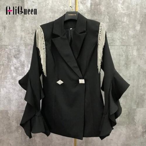Autumn Spring Women White Fringe Rhinestone Tassel Blazers Coat Elegant Ruffles Sleeve Blazer Jacket Ladies Tops Suits Outwear