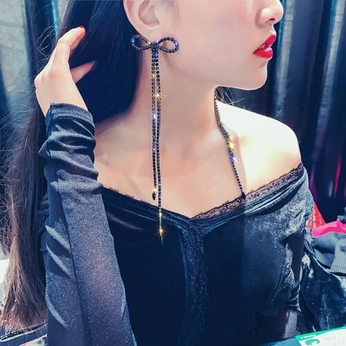 1 Pair Tassel Dangler for Women Gorgeous Earrings Black Bowknot Crystal Drop Earrings Extra Long Glitter Rhinestone Accessories