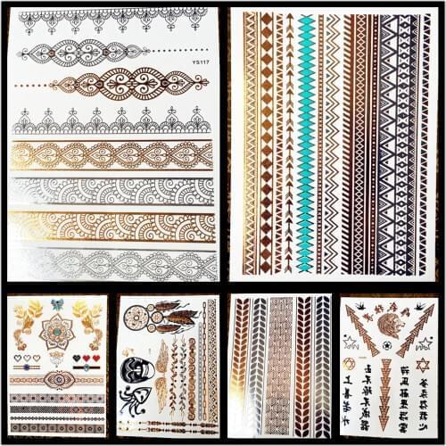 1PC Women Henna Arm Sleeve Tattoo Indian Chain Tatoo Gold Silver Sun Flower Metal Temporary Tattoo Sticker Fake Bracelet HCT-205