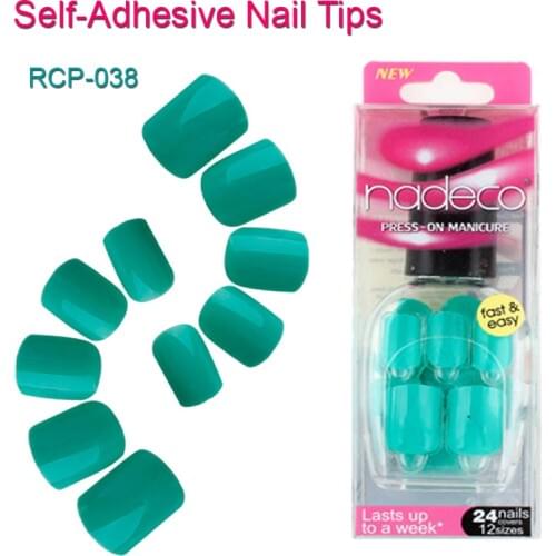 12Sets Full Cover Sky Blue Self-Adhesive Fake Nail Polish Tip Blue Green Pre-glued False Nail Aquamarrine French Manicure RCP-38