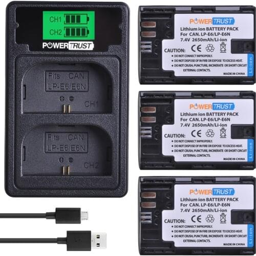 3pcs LP-E6N LP-E6 Battery+LCD Dual Charger with Type C Port for Canon EOS 5DS R 5D Mark II, Mark III 6D 7D 80D 90D EOS R R5 R6