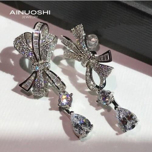 AINUOSHI Pear-shaped 6x9mm Simulated SONA Diamond Exquisite Bow Drop Earrings For 925 Sterling Silver Surprise Jewelry Gift