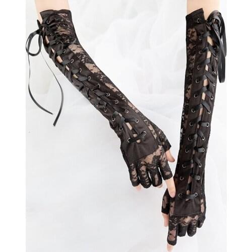 Cosplay Anime Accessories Lolita Gloves Black Lace Up Fingerless Gloves Elbow Steampunk Women Costume Party Arm Warmer Clubwear