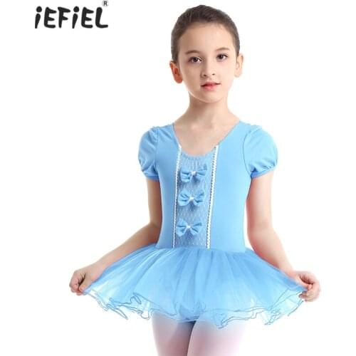 2020 Toddler Girls Mesh Short Sleeves Ballet Dress with Bowknots Princess Kids Ballerina Ballet Dance Gymnastics Leotard Dresses