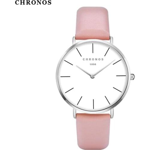 Chronos Women Watch Simple Dial Fashion Sewing Side Leather Strap Minimalist Red Pink Ladies Quartz Wristwatch CH02