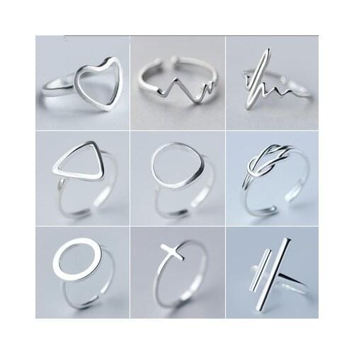 Hfarich Simple Silver Geometric Ring Ladies Adjustable Round Triangle Heartbeat Ring Retro Personality Hip Hop Jewelry