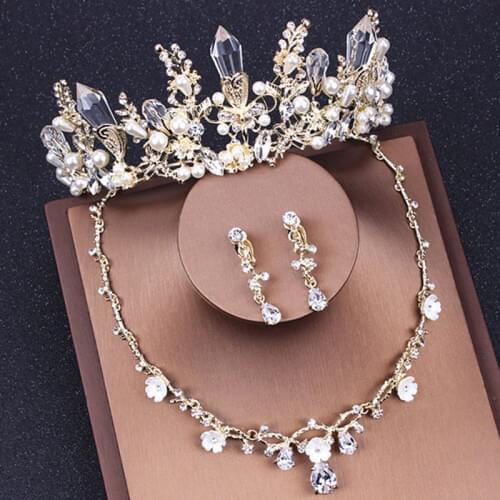 Korean Wedding Bridal Jewelry Sets Accessories Necklace Sets for Women Gold Baroque Crystal Princess Royal Tiara and Crown Set