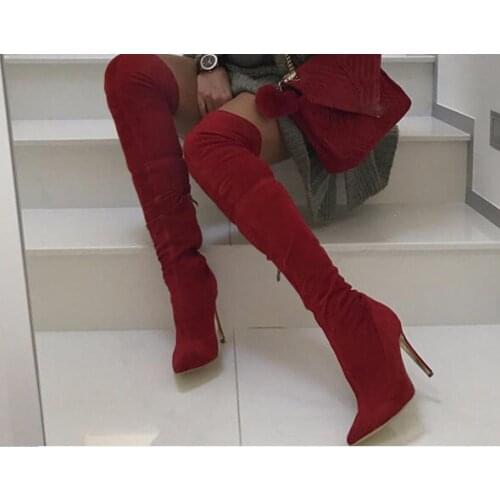 Fashion Suede Leather Stiletto Heel Thigh High Boots Women Sexy Slim Fit Pointy Thin Heel Over The Knee Long Boots