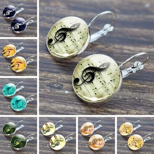 Music Note Silver Color Earrings Simple Style Violin Notes Hoop Earing Glass Cabochon Jewelry Ear Hook Women Lover Earrings Gift