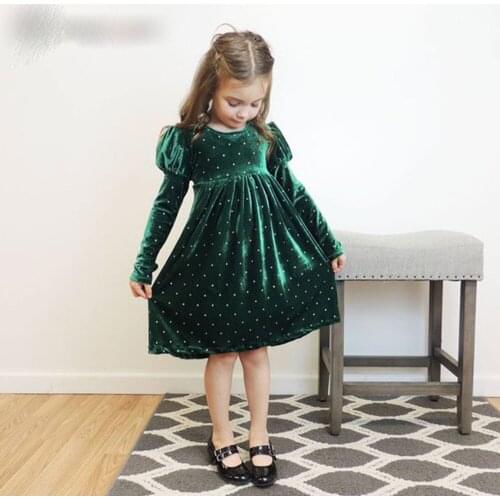 Custom Made Cheap Green Velvet A Line Long Sleeves Glitter Junior Girls New Year Dress Christmas Dress