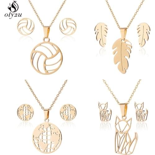 Oly2u Punk Tennis Necklace Jewelry Sets for Women Men Summer Style Leaf Earrings Set Gold World Map Fox Pendant Necklace Chain