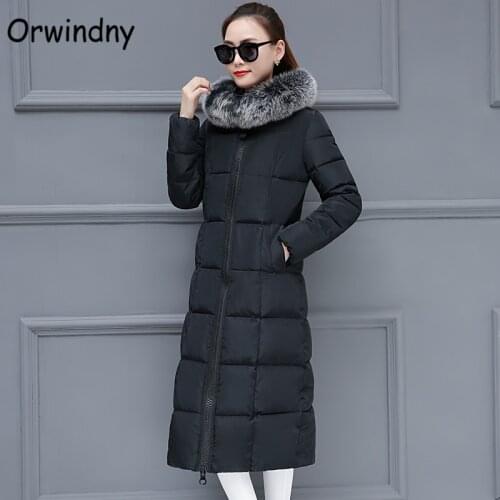 Orwindny Womens Coat Jacket Winter Black Female Jacket Large Fur Collar Long Parkas Hooded Cotton Padded Jacket Ladies casaco