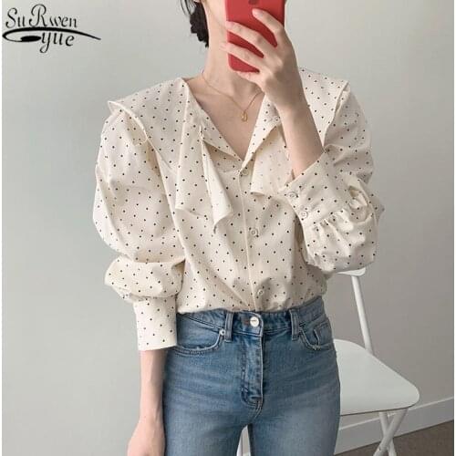 Autumn Retro Polka Dot Womens Shirt Korean Clothing Irregular Top Female Sweet Long Sleeve Women Blouse Blusas Mujer 12525