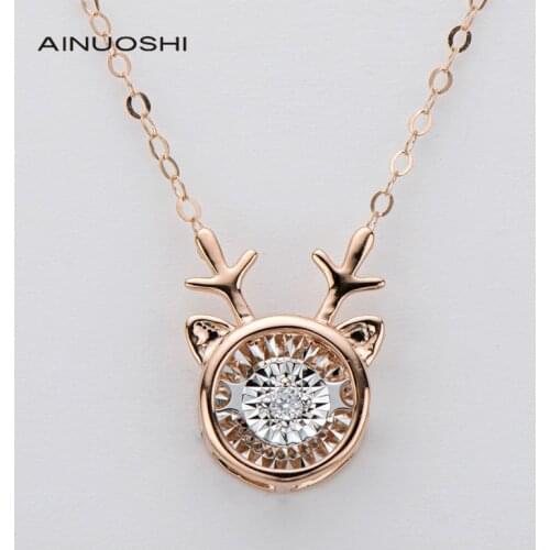 AINUOSHI 18K Rose Gold 0.02ct Real Diamond Lovely Ins Style Antlers Dancing Classic Necklace For Women Sparkling Jewelry 18