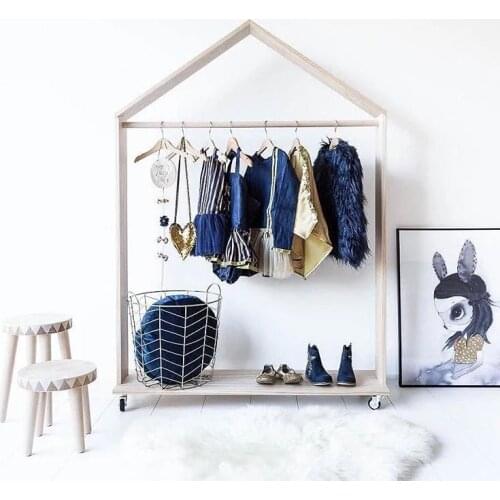 Portable Kids Wooden Clothing Racks with Wheels Creative Garment Organizer Display for Shops Stores with Hanging Rod