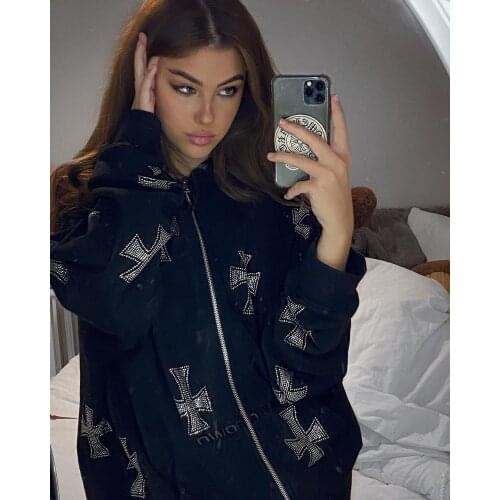 Stylish Rhinestone Zipper Up Hoodies Streetwear Oversized Hooded Sweatshirt Long Sleeve Casual Harajuku Printing y2k hoodies