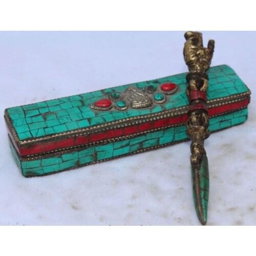 Tibet Buddhism Turquoise & Red Coral Bronze Gilt Buddha Phurba Dagger Fa Qi Box