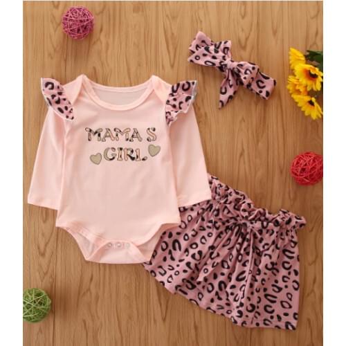 Baby Girl Top, Leopard Skirt, Round Collar Long Sleeve Crotch Buttons Romper, Ruffle Half Dress, Headband Suit