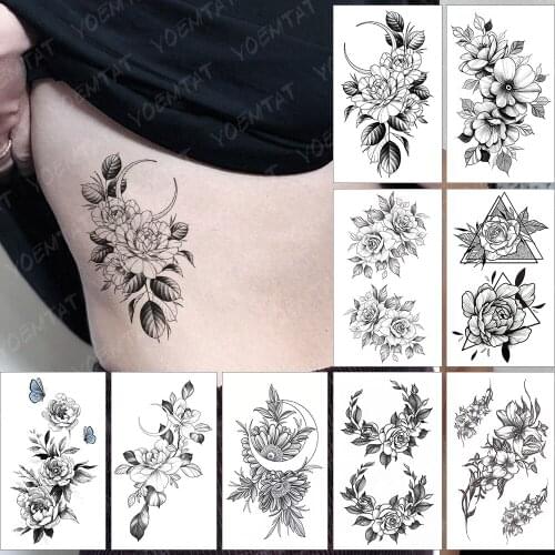 Waterproof Temporary Tattoo Sticker Sexy Dark Wine Lines Small Roses Flowers Peony Flash Tatoo Fake Tatto For Body Art Women Men