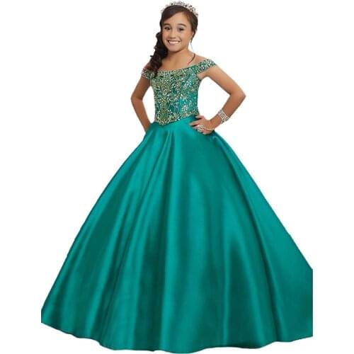 Green long girls pageant dresses beaded ball gown kids prom dress fantasia infantil para menina little girls dresses 2-12