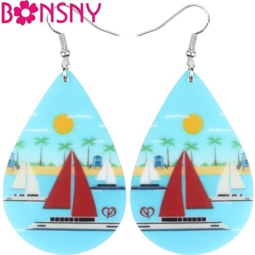 Bonsny Acrylic Teardrop Ship Boat Sailboats Earrings Drop Dangle Decoration Jewelry For Women Girl Teen Kid Charm Gift Accessory