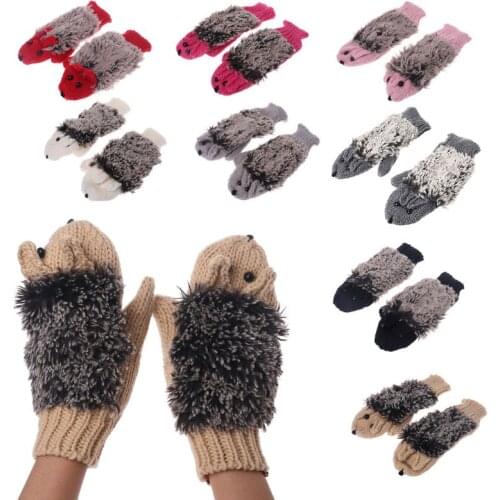 Womens Cartoon Hedgehog Gloves Thicken Winter Hand Warmer Knitted Wrist Mittens Womens Cartoon Winter Gloves