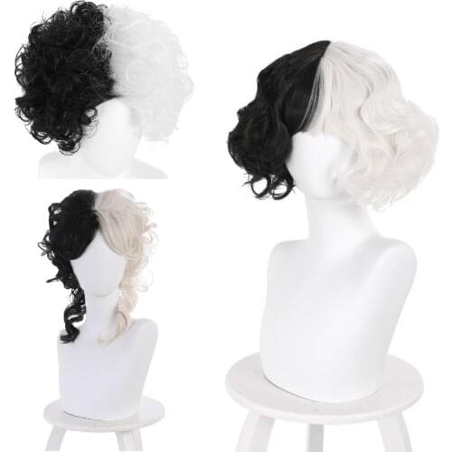 Evil Women Half Black Half White Wig Bad Girl Short Black White Curly Hair Wigs Headwear Demon Cosplay Props 2 Types