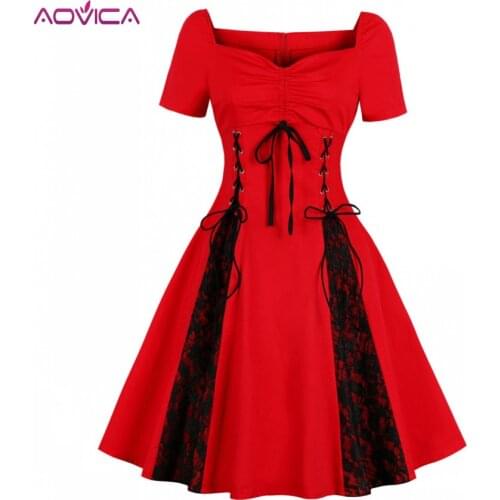 Aovica Lace Contrast Tunic Rockabilly Dress Ruched Bust Tie Front Lace Up Red Dresses Women Vintage Lace Up Gothic Party Dress