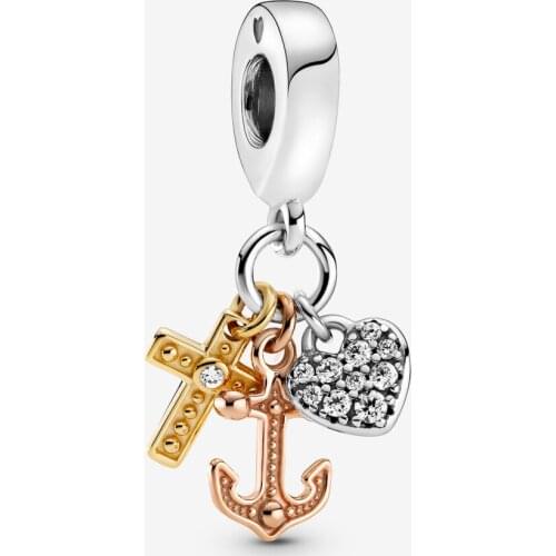 New Original 925 Sterling Silver Bead Cross Heart & Anchor Dangle Charm Fit Pandora Bracelet Necklace DIY Women Jewelry