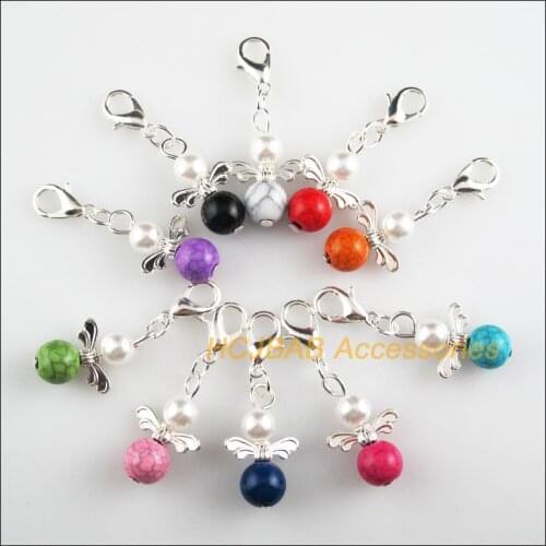 10Pcs Silver Plated Retro Mixed Crack Acrylic Tiny 13.5x22mm Angel With Lobster Claw Clasps Charms