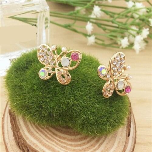 2018 New Fashion Vintage Jewelry Imitation Crystal Colorful Rhinestone Gold Butterfly Pearl Crystal Stud Earrings For Women
