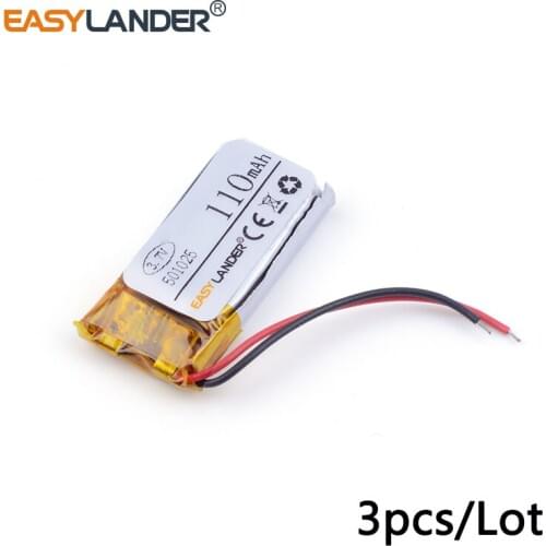 3pcs /Lot 501025 110mAh 3.7v lithium Li ion polymer rechargeable battery For MP3 MP4 DVR GPS mp5 toys DVR Sports headphone