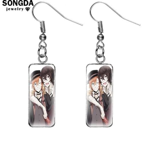 Anime Bungou Stray Dogs Rectangular Fish Hook Earrings Dazai Nakajima Cute Figure Pattern Glass Surface Drop Earring Women Gift