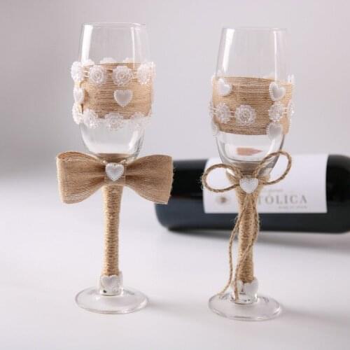 1 pair Rustic jute burlap Wedding Bridal Shower Gift wedding Champagne Toasting Glasses Set wedding wine cup