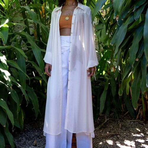 Plus Size Summer Women White Chiffon Cardigan Sexy See-Through Ladies Long Blouse Shirt Beach Cover Up Femme Outerwear Tops