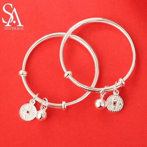 SA SILVERAGE Solid 999 Sterling Silver Push-pull Foot Silver Bell Childrens Day Bangles Luxury Smart Childrens Bracelet Baby